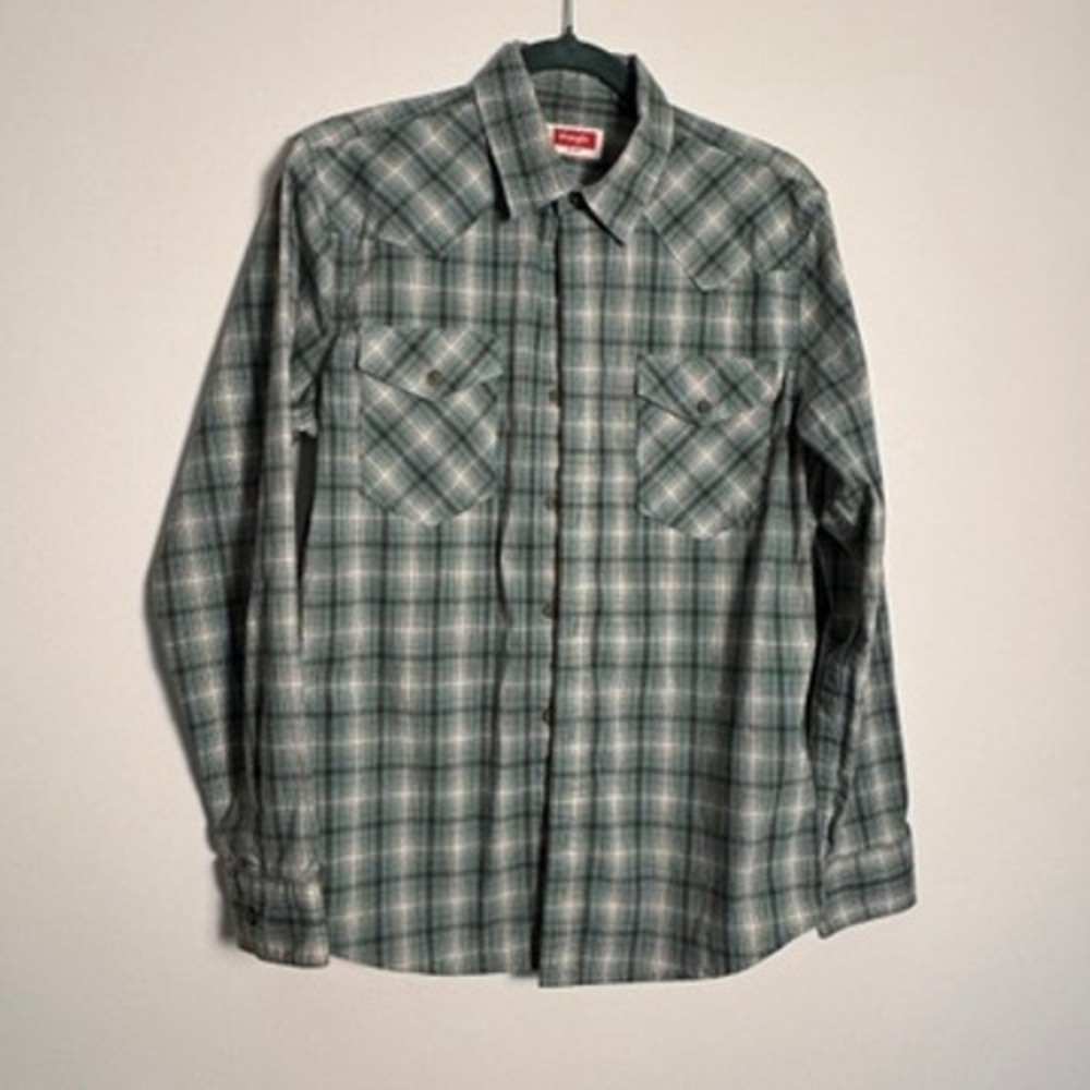 Wrangler Mens Teal Charcoal Plaid Western Long Sleeve Button Down Shirt Small